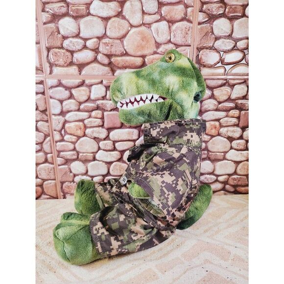 Build A Bear T-Rex Dinosaur Green Camouflage Plush With Military Outfit #A96 - Picture 3 of 5